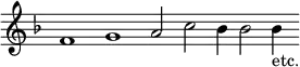 { \relative f' { \key f \major \override Score.TimeSignature #'stencil = ##f \cadenzaOn
f1 g a2 c bes4 bes2 bes4_"etc." } }