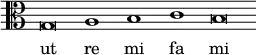 { \override Score.TimeSignature #'stencil = ##f \clef alto \cadenzaOn \relative g { g\breve a1 b c b\breve } \addlyrics { ut re mi fa mi } }