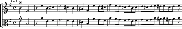 \new ChoirStaff << \override Score.BarNumber #'break-visibility = #'#(#f #f #f) \override Score.Rest #'style = #'classical
\new Staff \relative b' { \key e \minor \time 4/4 \mark \markup \tiny { ( \italic a ) }
b2^\markup \bold "S" e, | r4 e' b cis |
d2 cis4 b | ais fis e' d8 cis |
fis4 e8 d cis d b cis | d cis d e dis e cis dis | e }
\new Staff \relative e' { \key e \minor \clef alto
e2^\markup \bold "A" b | r4 b' e, fis |
g2 fis4 e | dis b a' g8 fis |
b4 a8 g fis g e fis | g fis g b ais b gis ais | b } >>