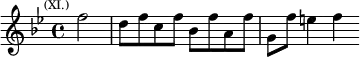 \relative f'' { \key bes \major \time 4/4 \partial 2 \mark \markup \tiny { (XI.) } f2 | d8 f c f bes, f' a, f' | g, f' e4 f }