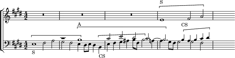  \new ChoirStaff << \override Score.BarNumber #'break-visibility = #'#(#f #f #f)
  \new Staff \relative e' { \key e \major \time 4/2 R1*6
    \[ e1^"S" fis2 a | s2 \] }
  \new Staff \relative b << \clef bass \key e \major
    \new Voice { \stemUp s1 s r1 \[ b^"A" | cis2 e dis cis |
      b2. \] \[ b4^"CS" a b cis dis | s2 \] }
    \new Voice { \stemDown \[ e,1_"S" fis2 a |
      gis fis e4 \] dis8 e dis4 \[ b_"CS" |
      e fis gis ais b8 fis b2 \] a4 ~ |
      a gis8 fis gis2 gis fis } >> >>