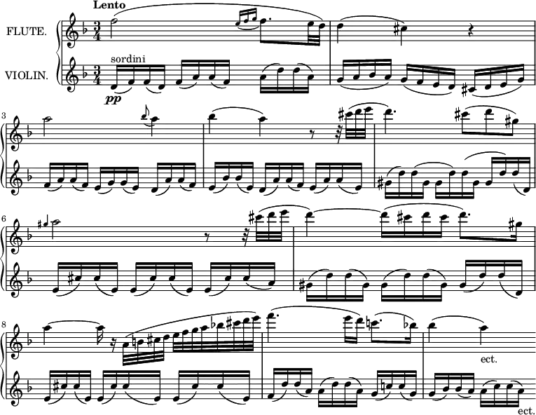 
\new GrandStaff <<
  \new Staff = "flute" \with {
    instrumentName = "FLUTE."
    midiInstrument = "flute"
  } \relative c'' {
    \key f \major
    \time 3/4
    \tempo "Lento"
    f2( \acciaccatura {e16 f g} f8. e32 d)
    d4( cis) r
    a'2 \appoggiatura {bes8} a4
    bes( a) r8 r32 cis( d e
    d4.) cis8( d gis,)
    \grace {gis4} a2 r8 r32 cis( d e
    d4)~ d16( cis d cis d8.) gis,16
    a4~ a16 r a,32( b cis d e f g a bes! cis d e)
    f4.( e16 d) c!8.( bes!16)
    bes4( a)_"ect."
  }
  \new Staff = "violin" \with {
    instrumentName = "VIOLIN."
    midiInstrument = "violin"
  } \relative c'' {
    \key f \major
    \time 3/4
    \tempo "Lento"
    d,16(^"sordini"\pp f) f( d) f( a) a( f) a( d) d( a)
    g( a bes a) g( f e d) cis( d e g)
    f( a) a( f) e( g) g( e) d( a') a( f)
    e( bes') bes( e,) d( a') a( f) e( a) a( e)
    gis( d') d( gis, gis d') d( gis, gis d') d( d,)
    e( cis') cis( e,) e( cis') cis( e,) e( cis') cis( a)
    gis( d') d( gis,) gis( d') d( gis,) gis( d') d( d,)
    e( cis') cis( e,) e( cis') cis( e,) e( cis') cis( e,)
    f( d') d( a) a( d) d( a) g( c!) c( g)
    g( bes) bes( a) a( c) c( a)_"ect."
  }
>>
\layout {
  indent = 2\cm
}
