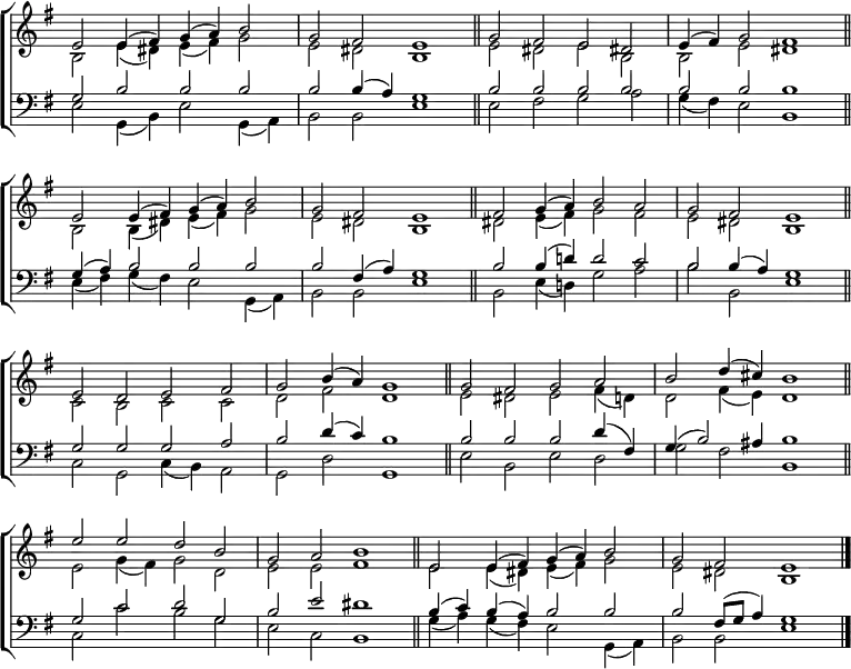 
\new ChoirStaff <<
  \new Staff { \clef treble \time 4/2 \key e \minor \set Staff.midiInstrument = "church organ" \omit Staff.TimeSignature \set Score.tempoHideNote = ##t \override Score.BarNumber  #'transparent = ##t 
  \relative c'
  << { e2 e4( fis) g( a) b2 | g fis e1 \bar"||" g2 fis e dis! | e4( fis) g2 fis1 \bar"||" \break
       e2 e4( fis) g( a) b2 | g fis e1 \bar"||" fis2 g4( a) b2 a | g fis e1 \bar"||" \break
       e2 d e fis | g b4( a) g1 \bar"||" g2 fis g a | b d4( cis) b1 \bar"||" \break
       e2 e d b | g a b1 \bar"||" e,2 e4( fis) g( a) b2 | g fis e1 \bar"|." } \\
  { b2 e4( dis) e( fis) g2 | e dis b1 | e2 dis e b | b e dis1 |
    b2 b4( dis) e( fis) g2 | e dis b1 | dis2 e4( fis) g2 fis | e dis b1 |
    c2 b c c | d fis d1 | e2 dis e fis4( d) | d2 fis4( e) d1 |
    e2 g4( fis) g2 d | e e fis1 | e2 e4( dis) e( fis) g2 | e dis b1 } >>
  } 
\new Staff { \clef bass \key e \minor \set Staff.midiInstrument = "church organ" \omit Staff.TimeSignature \override Staff.NoteHead.style = #'altdefault
  \relative c'
  << { g2 b b b | b b4( a) g1 | b2 b b b | b b b1 |
       g4( a) b2 b b | b fis4( a) g1 | b2 b4( d!) d2 c | b b4( a) g1 |
       g2 g g a | b d4( c) b1 | b2 b b d4( fis,) | g4( b2) ais4 b1 |
       g2 c d g, | b e dis1 | b4( c) b( a) b2 b | b fis8( g a4) g1 } \\
  { e2 g,4( b) e2 g,4( a) | b2 b e1 | e2 fis g a | g4( fis) e2 b1 |
    e4( fis) g( fis) e2 g,4( a) | b2 b e1 | b2 e4( d!) g2 a | b b, e1 |
    c2 g c4( b) a2 | g d' g,1 | e'2 b e d | g fis b,1 |
    c2 c' b g | e c b1 | g'4( a) g( fis) e2 g,4( a) | b2 b e1 } >>
  } 
>>
\layout { indent = #0 }
\midi { \tempo 2 = 58 }
