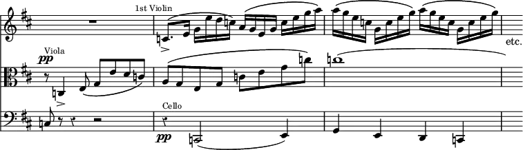 << \new Staff { \time 4/4 \override Score.TimeSignature #'stencil = ##f \override Score.Rest #'style = #'classical \key d \major \relative c' { R1 | \mark \markup { \tiny "1st Violin" } c8._>^\( e16 g e' d c\) a^\( g e g c e g a\) | a^\( g e c g c e g\) a^\( g e c g c e g\) | s8_"etc." } }
\new Staff { \key d \major \clef alto \relative c { r8^\pp^\markup { \tiny "Viola" } c4_> e8\( g e' d c\) | a\( g e g c e g c\) | c1( | s8) } }
\new Staff { \key d \major \clef bass \relative c { c8 r r4 r2 | r4^\markup { \tiny "Cello" }_\pp c,2( e4) | g e d c | s8 } } >>