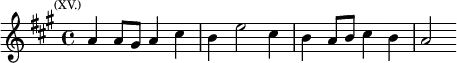 \relative a' { \key a \major \time 4/4 \mark \markup \tiny { (XV.) } a4 a8 gis a4 cis | b e2 cis4 | b a8 b cis4 b | a2 }