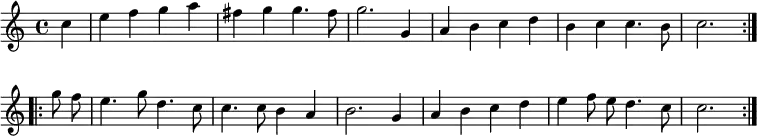 { \relative c'' { \partial 4
\repeat volta 2 { c4 | e f g a | fis g g4. fis8 |
g2. g,4 | a b c d | %end line 1
b c c4. b8 | c2. }
\repeat volta 2 { g'8\noBeam f | e4. g8 d4. c8 | c4. c8 b4 a | %end line 2
b2. g4 | a b c d | e f8\noBeam e d4. c8 | c2. } } }