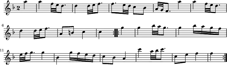 { \relative a'' { \time 2/4 \override Staff.TimeSignature.style = #'single-digit \partial 4 \key f \major
\repeat volta 2 { a4 | a f32 e d8. | d4 d32 e f8. |
f e32 d c8 bes | a32 g f8. a'4 | %eol1
a f32 e d8. | d4 d32 e f8. | a,8 b c4 | c }
\repeat volta 2 { g' | g bes32 a g8. | %eol 2
g4 bes16 a g f | e32 f g8. g4 | bes, g'16 f e d | c8 bes a4 | %3
c'4 a32 bes c8. | c,8 e f4 | f } } }