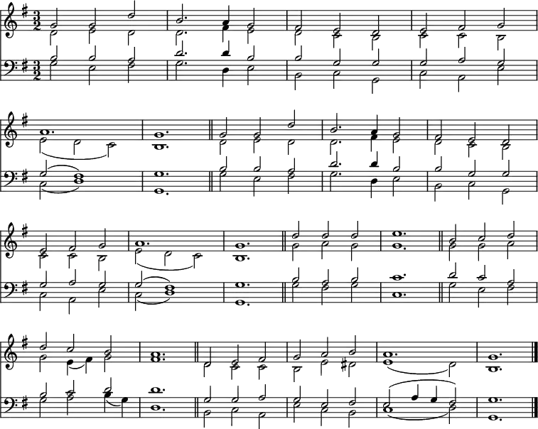 
<< <<
\new Staff { \clef treble \time 3/2 \key g \major \set Staff.midiInstrument = "church organ" \set Score.tempoHideNote = ##t \override Score.BarNumber  #'transparent = ##t
  \relative c'' 
  << { g2 g d' | b2. a4 g2 | fis e d | e fis g \break | a1. | g \bar"||"
  g2 g d' | b2. a4 g2 | fis e d \break | e fis g | a1. | g \bar"||" } \\ 
  { d2 e d | d2. fis4 e2 | d c b | c c b | e( d c) | b1. 
  d2 e d | d2. fis4 e2 | d c b | c c b | e( d c) | b1. } >>
  \relative c'' {
  << { d2 d d | e1. \bar"||" | b2 c d \break | d c b | a1. \bar"||" | d,2 e fis | g a b | a1. | g \bar"|." } \\
  { g2 a g | g1. | g2 g a | g e4( fis) g2 | fis1. | d2 c c | b e dis | e1( d2) | b1. } >> }
}
\new Staff { \clef bass \key g \major \set Staff.midiInstrument = "church organ"
  \relative c'
  \repeat unfold 2 { << { b2 b a | d2. d4 b2 | b g g | g a g | g( fis1) | g1. } \\
  { g2 e fis | g2. d4 e2 | b c g | c a e' | c( d1) | g,1. } >> }
  \relative c' {
  << { b2 a b | c1. | d2 c a | b c d | d1. | g,2 g a | g e fis | e( a4 g fis2) | g1. } \\
  { g2 fis g | c,1. | g'2 e fis | g a b4( g) | d1. | b2 c a | e' c b | c1( d2) | g,1. } >> }
}
>> >>
\layout { indent = #0 }
\midi { \tempo 2 = 80 }
