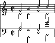 { << \new Staff \relative g' { \time 4/2 \set Staff.timeSignatureFraction = 2/2
<< { g2 b d d } \\ { d, d g d } >> }
\new Staff \relative b { \clef bass \set Staff.timeSignatureFraction = 2/2
<< { b2 g g g' } \\ { g, g, d' b } >> } >> }