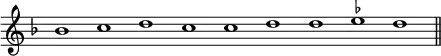 { \override Score.TimeSignature #'stencil = ##f \cadenzaOn \key f \major \relative b' { bes1 c d c c d d \set suggestAccidentals = ##t ees d \bar "||" } }