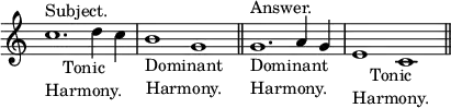 { \relative c'' { \override Score.TimeSignature #'stencil = ##f \cadenzaOn
c1.^"Subject."_\markup \center-column { Tonic Harmony. } d4 c \bar "|"
b1_\markup \center-column { Dominant Harmony. } g \bar "||"
g1.^"Answer."_\markup \center-column { Dominant Harmony. } a4 g \bar "|"
e1_\markup \center-column { Tonic Harmony. } c \bar "||" } }