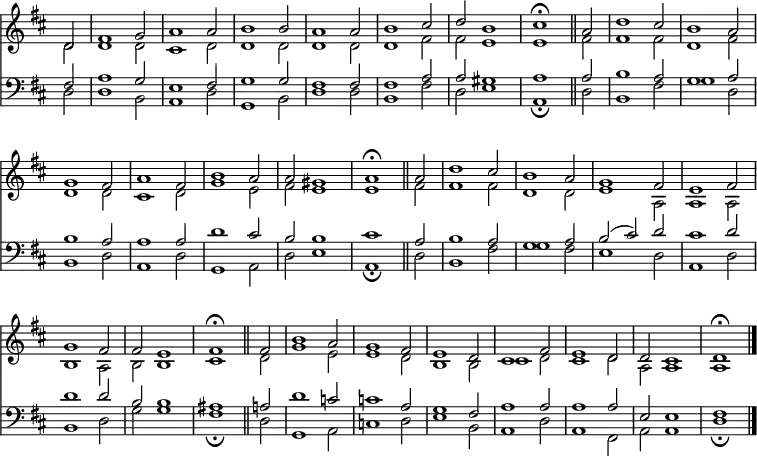 
<< <<
\new Staff { \clef treble \time 3/2 \key d \major \partial 2 \set Staff.midiInstrument = "church organ" \omit Staff.TimeSignature \set Score.tempoHideNote = ##t \override Score.BarNumber  #'transparent = ##t
  \relative c'
  << { d2 | fis1 g2 | a1 2 | b1 2 | a1 2 | b1 cis2 | d b1 | cis1 \fermata \bar"||"
       a2 | d1 cis2 | b1 a2 \break | g1 fis2 | a1 fis2 | b1 a2 | a gis1 | a \fermata \bar"||"
       a2 | d1 cis2 | b1 a2 | g1 fis2 | e1 fis2 \break g1 fis2 | 2 e1 | fis1 \fermata \bar"||"
       fis2 | b1 a2 | g1 fis2 | e1 d2 | cis1 fis2 | e1 d2 | d cis1 | d1 \fermata \bar"|." } \\
  { d2 | 1 2 | cis1 d2 | 1 2 | 1 2 | 1 fis2 | 2 e1 | e fis2 | 1 2 | d1 fis2
    d1 2 | cis1 d2 | g1 e2 | fis e1 | e fis2 | 1 2 | d1 2 | e1 a,2 | 1 2
    b1 a2 | b2 1 | cis d2 | g1 e2 | 1 d2 | b1 2 | cis1 d2 | cis1 d2 | a a1 | a } >>
}
\new Staff { \clef bass \key d \major \set Staff.midiInstrument = "church organ" \omit Staff.TimeSignature
  \relative c
  << { fis2 | a1 g2 | e1 fis2 | g1 2 | fis1 2 | 1 a2 | a gis1 | a a2 | b1 a2 | g1 a2
       b1 a2 | 1 2 | d1 cis2 | b2 1 | cis1 a2 | b1 a2 | g1 a2 | b( cis) d | cis1 d2
       d1 2 | b b1 | ais a2 | d1 c2 | 1 a2 | g1 fis2 | a1 2 | 1 2 | e e1 | fis } \\
  { d2 | 1 b2 | a1 d2 | g,1 b2 | d1 2 | b1 fis'2 | d e1 | a, \fermata
    d2 | b1 fis'2 | g1 d2 | b1 d2 | a1 d2 | g,1 a2 | d e1 | a, \fermata
    d2 | b1 fis'2 | g1 fis2 | e1 d2 | a1 d2 | b1 d2 | g g1 | fis \fermata
    d2 | g,1 a2 | c1 d2 | e1 b2 | a1 d2 | a1 fis2 | a a1 | d \fermata } >>
}
>> >>
\layout { indent = #0 }
\midi { \tempo 2 = 76 }

