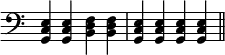 { \relative e { \clef bass \override Score.TimeSignature #'stencil = ##f
<e c g>4 q <f d b> q | <e c g> q q q \bar "||" } }