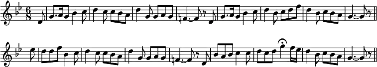 { \override Score.BarNumber #'break-visibility = #'#(#f #f #f) \key g \minor \time 6/8 \partial 8 \relative d' {
d8 | g8. a16 g8 bes4 c8 | d4 c8 c bes a | d4 g,8 g a g | %eol1
f!4. ~ f8 r d | g8. a16 g8 bes4 c8 |
d4 bes8 c d f | d4 bes8 c bes a | %eol 2
g4. ~ g8 r \bar "||" ees' | d d f bes,4 c8 |
d4 c8 c bes a | d4 g,8 g a g | %eol 3
f!4. ~ f8 r d | bes' a bes c4 c8 | d c d g4\fermata f16 ees |
d4 bes8 c bes a | g4. ~ g8 r \bar "||" } }