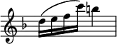 { \relative d'' { \time 2/4 \override Score.TimeSignature #'stencil = ##f \key d \minor
  d16( e f c') b4 } }