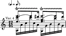 { \new Staff << \mark \markup \small "Var. 4" \tempo \markup { \concat { ( \smaller \general-align #Y #DOWN \note {4} #1 " = " \smaller \general-align #Y #DOWN \note {8} #1 ) } } \time 12/16
 \new Voice \relative e''' { \stemUp
  <e c^( e,>8.[\startTrillSpan <e) c>8 dis16]\stopTrillSpan
  <e g,^( e>8.[\startTrillSpan <e) b>8 dis16]\stopTrillSpan }
 \new Voice \relative a { \stemDown
  a16[ a' c c' c, a] g,[ g' b b' b, g] } >> }