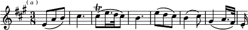 \relative e' { \key a \major \time 3/8 \mark \markup \tiny { ( \italic a ) } e8\( a b\) | cis4. | cis8\trill\( e16. d32 cis8\) | b4. | e8\( d cis\) | b4\( cis8\) | gis4\( a16. fis32\) | e16-. }
