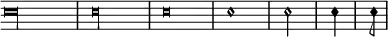 
\layout{
\context {
      \Staff
      \remove "Time_signature_engraver"
      \remove "Clef_engraver"
    }
}
\new Staff{
\set Timing.measureLength = #(ly:make-moment 8/1)
\autoBeamOff
\override NoteHead.style = #'petrucci
c''\maxima
\set Timing.measureLength = #(ly:make-moment 4/1)
c''\longa
\set Timing.measureLength = #(ly:make-moment 2/1)
c''\breve
\set Timing.measureLength = #(ly:make-moment 1/1)
c''1
\set Timing.measureLength = #(ly:make-moment 1/2)
c''2
\set Timing.measureLength = #(ly:make-moment 1/4)
c''4
\set Timing.measureLength = #(ly:make-moment 1/8)
\override Flag.style = #'mensural
c''8
}
