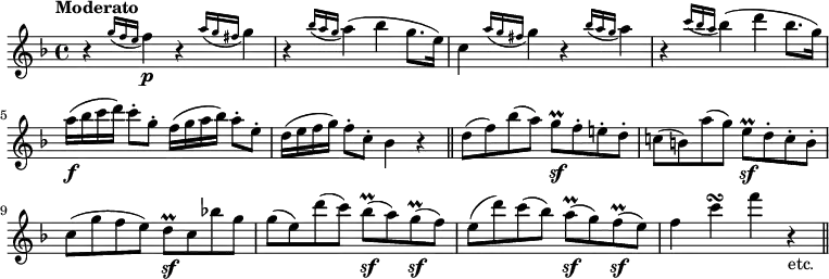 
\new Staff = "flute" \with {midiInstrument = "flute"} \relative c'' {
  \key f \major
  \tempo "Moderato"
  r4 \acciaccatura {g'16 f e} f4\p r \acciaccatura {a16 g fis} g4
  r \acciaccatura {bes16 a g} a4( bes g8. e16)
  c4 \acciaccatura {a'16 g fis} g4 r \acciaccatura {bes16 a g} a4
  r \acciaccatura {c16 bes a} bes4( d bes8. g16)
  a16(\f bes c d) c8\staccato g\staccato f16( g a bes) a8\staccato e\staccato
  d16( e f g) f8\staccato c\staccato bes4 r \bar "||"
  d8( f) bes( a) g\prall\sf f\staccato e!\staccato d\staccato
  c!( b) a'( g) e\prall\sf d\staccato c\staccato b\staccato
  c( g' f e) d\prall\sf c bes'! g
  g( e) d'( c) bes\prall\sf( a) g\prall\sf( f)
  e( d') c( bes) a\prall\sf( g) f\prall\sf( e)
  f4 c'\turn f r_"etc." \bar "||"
}
