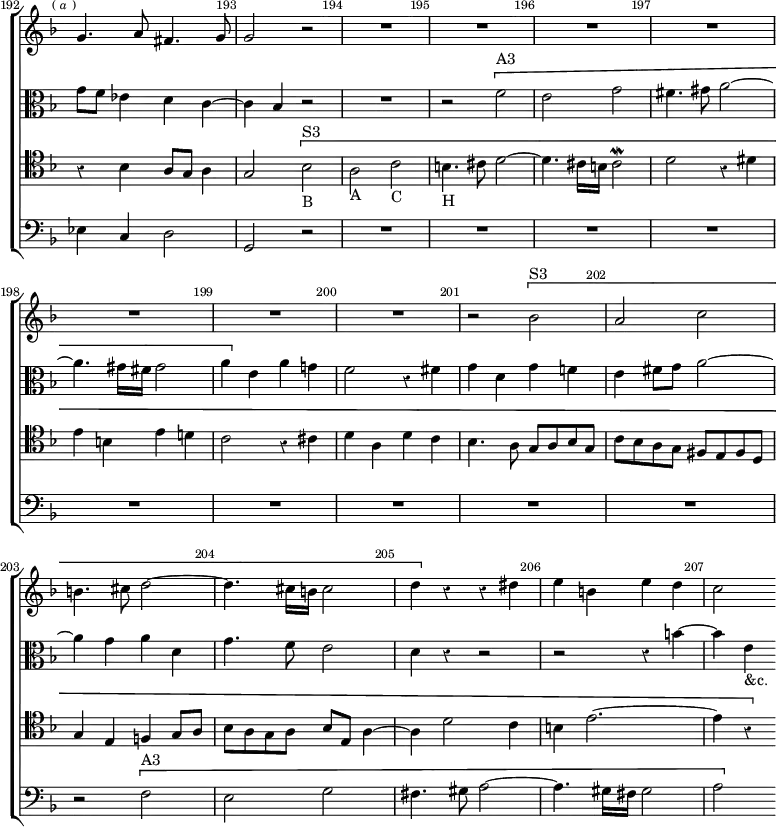 \new ChoirStaff << \override Score.Rest #'style = #'classical \override Score.BarNumber.break-visibility = ##(#f #t #t) \set Score.barNumberVisibility = #all-bar-numbers-visible \override Score.TimeSignature #'stencil = ##f \set Score.currentBarNumber = #192
  \new Staff \relative g' { \key d \minor \time 4/4 \mark \markup \tiny {(\italic a )} \bar ""
    g4. a8 fis4. g8 | g2 r | R1*7 | r2 \[ bes^"S3" a c b4. cis8 d2 ~ |
    d4. cis16 b cis2 | d4 \] r r dis | e b e d | c2 }
  \new Staff \relative g' { \clef alto \key d \minor
    g8 f ees4 d c ~ | c bes r2 | R1 | r2 \[ f'^"A3" |
    e2 g | fis4. gis8 a2 ~ | a4. gis16 fis gis2 a4 \] e a g! |
    f2 r4 fis | g d g f! | e fis8 g a2 ~ | a4 g a d, |
    g4. f8 e2 | d4 r r2 | r r4 b' ~ | b e,_"&c." }
  \new Staff \relative b { \clef tenor \key d \minor
    r4 bes a8 g a4 | g2 \[ bes^"S3"_"B" | a_"A" c_"C" |
    b4._"H" cis8 d2 ~ | d4. cis16 b cis2^\mordent | d r4 dis |
    e b e d! | c2 r4 cis4 | d a d c | bes4. a8 g a bes g |
    c bes a g fis e fis d | g4 e f! g8 a | bes a g a bes e, a4 ~ |
    a d2 c4 | b e2. ~ | e4 r }
  \new Staff \relative e { \clef bass \key d \minor
    ees4 c d2 | g, r | R1*9 | r2 \[ f'^"A3" | e g |
    fis4. gis8 a2 ~ | a4. gis16 fis gis2 | a \] } >>