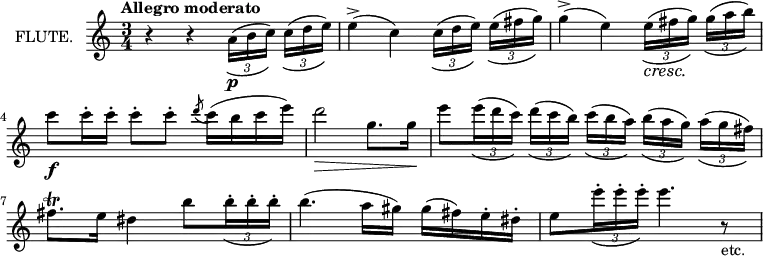 
\new Staff \with {
  instrumentName = "FLUTE."
  midiInstrument = "flute"
} \relative c'' {
  \time 3/4
  \tempo "Allegro moderato"
  \override TupletBracket.tuplet-slur = ##t
  \override TupletBracket.bracket-visibility = ##t
  \override DynamicTextSpanner.style = #'none
  \autoBeamOff
  r4 r \tuplet 3/2 8 {a16([\p b c)] c([ d e)]}
  e4(\accent c) \tuplet 3/2 8 {c16([ d e)] e([ fis g)]}
  g4(\accent e) \tuplet 3/2 8 {e16([\cresc fis g)] g([ a b)]}
  \autoBeamOn
  c8\f c16\staccato c\staccato c8\staccato c\staccato \acciaccatura {d8} c16( b c e)
  d2\> g,8. g16\!
  \autoBeamOff
  e'8[ \tuplet 3/2 8 {e16( d c)] d([ c b)] c([ b a)] b([ a g)] a([ g fis)]}
  \autoBeamOn
  fis8.\trill e16 dis4 b'8 \tuplet 3/2 {b16\staccato b\staccato b\staccato}
  b4.( a16 gis) gis( fis) e\staccato dis\staccato
  e8 \tuplet 3/2 {e'16\staccato e\staccato e\staccato} e4. r8_"etc."
}
\layout {
  indent = 2\cm
}
