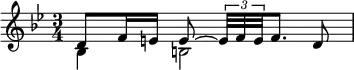 { \time 3/4 \key g \minor \relative d' { << { d8 f16 e e8 ~ \times 2/3 { e32[ f e } f8.] d8 } \\ { bes4 b2 } >> } }