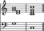 { \override Score.TimeSignature #'stencil = ##f \time 4/4 << \relative b' << { <b g>1 <c g> \bar "||" } \\ { <f, d> <e c> } >> \new Staff { \clef bass g1 c | } >> }