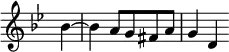 { \relative b' { \override Score.TimeSignature #'stencil = ##f \time 3/4 \partial 4 \key bes \major
  bes4 ~ | bes4 a8[ g fis a] | g4 d4 } }