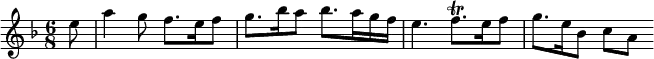 { \time 6/8 \key f \major \partial 8 \relative e'' { e8 a4 g8 f8. e16 f8 g8. bes16 a8 bes8. a16 g f | e4. f8.\trill e16 f8 | g8. e16 bes8 c[ a] } }