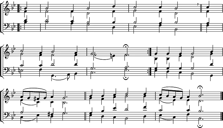 
\new ChoirStaff <<
  \new Staff { \clef treble \time 6/4 \key bes \major \partial 4 \set Staff.midiInstrument = "church organ" \omit Staff.TimeSignature \set Score.tempoHideNote = ##t \override Score.BarNumber  #'transparent = ##t
  \relative c''
  << { \bar".|:" bes4 | 2 f4 bes2 d4 | c2 4 bes2 \breathe \bar"||" c4 \break
       c2 a4 bes2 a4 | g2. f \fermata \bar":|." g4 g g g2 bes4 \break
       a8( g fis g) a4 g2. \bar"||" bes4 4 c d2 4 | c8( bes a g) a4 bes2. \fermata \bar"|." } \\
  { f4 | 2 4 d2 f4 | g2 f4 d2 f4
    g2 f4 2 4 | 2( e4) f2. | bes,4 4 es d2 g4
    es( c) c bes2. | g'4 f a bes2 4 | g( es) es d2. } >>
  } 
\new Staff { \clef bass \key bes \major \set Staff.midiInstrument = "church organ" \omit Staff.TimeSignature
  \relative c'
  << { d4 | 2 c4 bes2 4 | 2 a4 bes2 a4
       c2 4 d2 4 | g,2. a | g4 4 4 2 d'4
       a2 fis4 g2. | 4 bes es d2 f4 | c2 4 bes2. } \\
  { bes4 | 2 a4 g2 d4 | es2 f4 bes,2 f'4
    e2 f4 g,4.( a8) bes4 | c2. f \fermata | es4 d c bes2 g4
    c( es) d g2. | es4 d c bes2 d4 | es( c) f bes,2. \fermata} >>
  } 
>>
\layout { indent = #0 }
\midi { \tempo 4 = 120 }
