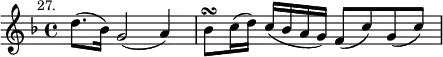 { \relative d'' { \key f \major \time 4/4 \mark \markup \small "27."
d8.( bes16) g2( a4) | bes8\turn c16( d) c( bes a g) f8( c') g( c) } }