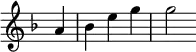 { \override Score.BarNumber #'break-visibility = #'#(#f #f #f) \override Score.Rest #'style = #'classical \override Score.TimeSignature #'stencil = ##f \time 3/4 \partial 4 \key f \major a'4 bes' e'' g'' g''2 }