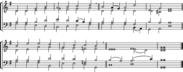 
\new ChoirStaff <<
  \new Staff { \clef treble \time 4/2 \key g \major \set Staff.midiInstrument = "church organ" \omit Staff.TimeSignature \set Score.tempoHideNote = ##t \override Score.BarNumber  #'transparent = ##t \override Staff.NoteHead.style = #'altdefault
  \relative c'
  << { d2 d g b | a b c d \breathe \bar"||" b a4( g) a2 d | e, g fis1 \bar"||" \break
       b2 e e d | g, c c b \breathe \bar"||" e,1 fis | g \breve \bar"|." } \\
  { d2 d e g | g fis g a | d, e e d | d cis d1
    d2 e a a | g g f f | e1 e2( d) | d \breve } >>
  } 
\new Staff { \clef bass \key g \major \set Staff.midiInstrument = "church organ" \omit Staff.TimeSignature \override Staff.NoteHead.style = #'altdefault
  \relative c'
  << { b2 a b d | e d c4( b) a2 | b b a fis | b a a1
       b2 b a d | d c f, b | b( a) a2.( c4) | b \breve } \\
  { g2 fis e d | c d e fis | g g fis b,4( a) | g2 a d1
    g2 g fis b, | e e d g, | c1 d | g, \breve } >>
  } 
>>
\layout { indent = #0 }
\midi { \tempo 2 = 84 }

