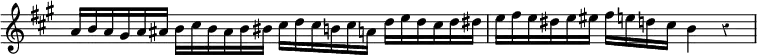 \relative a' { \override Score.TimeSignature #'stencil = ##f \override Score.Rest #'style = #'classical \time 4/4 \key a \major \override TupletNumber #'stencil = ##f \override TupletBracket #'bracket-visibility = ##f
\tuplet 6/4 2 { a16 b a gis a ais b cis b ais b bis cis d cis b cis a d e d cis d dis | e fis e dis e eis } fis e d cis b4 r }