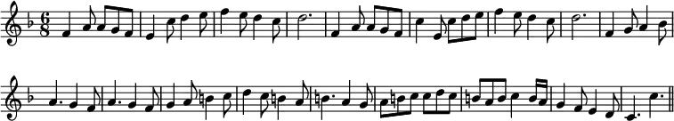 { \override Score.BarNumber #'break-visibility = #'#(#f #f #f) \key f \major \time 6/8 \relative f' {
f4 a8 a g f | e4 c'8 d4 e8 | f4 e8 d4 c8 | d2. | %eol 1
f,4 a8 a g f | c'4 e,8 c' d e | f4 e8 d4 c8 | d2. |
f,4 g8 a4 bes8 | %eol 2
a4. g4 f8 | a4. g4 f8 | g4 a8 b4 c8 |
d4 c8 b4 a8 | b4. a4 g8 | %eol 3
a8 b c c d c | b a b c4 b16 a | g4 f8 e4 d8 | c4. c' \bar "||" } }