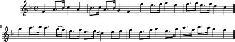 
\header {
    tagline = "" % no footer
}
\score {
    \language "english"
    {
        { \new PianoStaff <<
            { \new Staff <<
                \set Staff.midiInstrument = "violin"
                \relative c' {
                    \set Score.tempoHideNote = ##t \tempo 8 = 260
                    \clef treble \key f \major
                    \time 2/2
                    
                    f4 a8. bf16 c4 a |
                    bf8.[ c16] a8.[ bf16] g4 f |
                    f' e8. f16 g4 e |
                    f8.[ g16] e8.[ f16] d4 c |
                    \bar "||"
                    
                    g' a8. bf16 a4. g16( f) |
                    e8.[ f16] d8.[ e16] cs4 d8 e |
                    f4 d8. f16 g4 e8. g16 |
                    a8.[ f16] bf8.[ a16] g4 f |
                    \bar "||"
                }
            >> }
        >> }
    }
    \layout { }
    \midi { }
}
