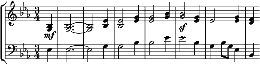 
\new StaffGroup <<
\new Staff = "right" {
        \clef violin
        \key es \major
        \time 3/4
        \partial 4
        <g bes>4 \mf
        |
        <g~ bes~>2. 
        <g bes>2
        <bes es'>4
        |
        <bes es'>2
        <es' g'>4
        |
        <es' g'>2
        <g' bes'>4
        |
        <g' bes'>2 \sf
        <es' g'>4
        |
        <es'>2
        <es' g'>4
        |
        <d' f'>4
}
\new Staff ="left" {
        \clef bass
        \key es \major
        \time 3/4
        \partial 4
        ees4 |
        ees2.~ |
        ees2 g4 |
        g2 bes4 |
        bes2 ees'4  |
        ees'2 bes4 |
        g4 bes8 g8 ees4|
        bes,4
}
>>
