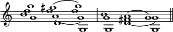 { \override Score.TimeSignature #'stencil = ##f \time 3/1 \key c \major <<
\new Voice \relative g'' { g1 fis^( g) | b, a^( g) \bar "||" }
\new Voice \relative d'' { d1 d d }
\new Voice \relative b' { b1 a_( g) | g fis_( g) }
\new Voice \relative g' { g d g, | g d' g, } >> }