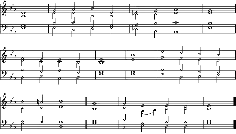 
<< <<
\new Staff { \clef treble \time 4/2 \key es \major \partial 1 \set Staff.midiInstrument = "church organ" \omit Staff.TimeSignature \set Score.tempoHideNote = ##t \override Score.BarNumber  #'transparent = ##t
  \relative c'
  << { es1 | g2 aes bes es, | f g aes1 \bar"||" \time 2/2 g1 \break
       \time 4/2 f2 es es d | es1 \bar"||" bes' | es2 d c bes \break
       bes a bes1 \bar"||" \time 2/2 g | \time 4/2 f2 es es d | es1 \bar"|." } \\
  { bes1 | es2 2 bes bes | des des es1 | es
    d2 c c bes | bes1 es | g2 f es d 
    c c d1 | bes | c2 g4( aes) bes2 2 | 1 } >>
}
\new Staff { \clef bass \key es \major \set Staff.midiInstrument = "church organ" \omit Staff.TimeSignature
  \relative c'
  << { g1 | bes2 c f, g | aes bes c1 | bes
       bes2 g aes f | g1 g | bes2 2 g f 
       g f f1 | g | aes2 es f f | g1 } \\
  { es1 | 2 c d es | des bes aes1 | es'
    bes2 c aes bes | es1 1 | 2 bes c d
    es f bes,1 | es1 | aes,2 c bes bes | es1 } >>
}
>> >>
\layout { indent = #0 }
\midi { \tempo 2 = 66 }
