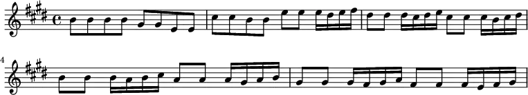 { \relative b' { \key e \major \time 4/4
b8 b b b gis gis e e | cis' cis b b e e e16 dis e fis |
dis8 dis dis16 cis dis e %end line 1
cis8 cis cis16 b cis dis |
b8 b b16 a b cis a8 a a16 gis a b |
gis8 gis gis16 fis gis a fis8 fis fis16 e fis gis } }