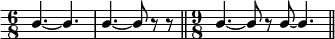 { \override Score.Clef #'stencil = ##f \stemUp \time 6/8 b'4. ~ b' | b'4. ~ b'8 r r \bar "||" \time 9/8 b'4. ~ b'8 r b'8 ~ b'4. \bar "||" } 