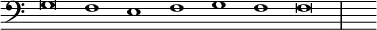 { \override Score.TimeSignature #'stencil = ##f \clef bass \relative g { \cadenzaOn g\breve f1 e f g f f\breve \bar "|" s1 } }