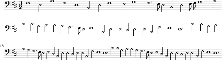 
\header {
  tagline = ""  %% removes "Music engraving by LilyPond 2.18.2—www.lilypond.org" footer, which unsurprisingly was not in the 1651 ed.
}

\new Staff { \time 3/2 \key d \major \clef bass \override Stem.neutral-direction = #up  \omit Staff.BarLine
%%\omit Staff.BarLine \partial 2
  \relative c'' { 
    fis,,1 d2 a'1 fis2 d1 a2 d2 fis1 e2 g1 fis2. e8 d2 b2 d2 e8 fis8 g1 a2 \bar "||"
                                          b2 b2 g2 a2 a2 g2 fis2. e8 d2 e1 
    a,2 d2 d2 cis2 d2 d2 a2 fis'2 e1 d1. b'2 b2 g2 a2 a2 g2 fis2. e8 d2 e2 cis2
    a2 d2 d2 cis2 d2 d2 a2 fis'2 e1 d1. b'2 b2 g2 a2 a2 g2 fis2. e8 d2 e2 cis2
    a2 d2 d2 cis2 d2 d2 a2 fis'2 e1 d1. \bar "|"
  }
}
  \midi { \tempo 2 = 180  \set Staff.midiInstrument = "cello" }
  %%please feel free to change instrument to something else, see https://lilypond.org/doc/v2.21/Documentation/notation/midi-instruments
  \layout { }
