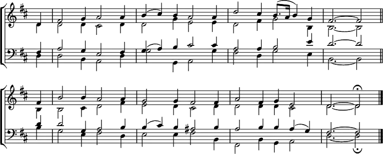 
\new ChoirStaff <<
  \new Staff { \clef treble \time 6/4 \partial 4 \key d \major \set Staff.midiInstrument = "church organ" \omit Staff.TimeSignature \set Score.tempoHideNote = ##t \override Score.BarNumber  #'transparent = ##t 
  \relative c'
  << { d4 | fis2 g4 a2 a4 | b( cis) b a2 a4 | d2 cis4 b8.( a16 b4) g | fis2. ~ fis2 \bar"||" \break
     fis4 | b2 b4 a2 a4 | g2 g4 fis2 fis4 | a2 fis4 g e2 | d2. ~ d2 \fermata \bar"|."} \\
  { d4 | d2 d4 cis2 d4 | d2 g4 e2 e4 | d2 fis4 g2 b,4 | b2. ~ b2
  b4 | b2 cis4 d2 fis4 | e2 d4 cis2 d4 | d2 d4 d cis2 | d2. ~ d2 } >>
  } 
\new Staff { \clef bass \partial 4 \key d \major \set Staff.midiInstrument = "church organ" \omit Staff.TimeSignature
  \relative c
  << { fis4 | a2 g4 e2 fis4 | g( a) b cis2 cis4 | a2 a4 b2 e4 | d2. ~ d2
     d4 | d2 g,4 a2 b4 | b( cis) b ais2 b4 | a2 b4 b a( g) | fis2. ~ fis2 } \\
  { d4 | d2 b4 a2 d4 | g2 g,4 a2 g'4 | fis2 d4 g2 e4 | b2. ~ b2
   b'4 | g2 e4 fis2 d4 | e2 e4 fis2 b,4 | fis2 b4 g a2 | d2. ~ d2 \fermata } >>
  } 
>>
\layout { indent = #0 }
\midi { \tempo 4 = 120 }
