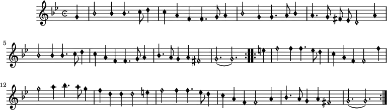 music = {
\language "english"
{
{ \new PianoStaff <<
{ \new Staff <<
\set Staff.midiInstrument = "violin"
\override Staff.TimeSignature.style = #'single-number
\relative c'' {
\autoBeamOff
\set Score.tempoHideNote = ##t \tempo 8 = 260
\clef "petrucci-b1"
\override Staff.TimeSignature.style = #'neomensural
\override NoteHead.style = #'petrucci
\override Stem.neutral-direction = #UP
\key g \minor
\time 6/4
\repeat volta 2 {
\partial 4 g |
bf2 bf4 bf4. c8 d4 |
c a f f4. g8 a4 |
bf2 g4 g4. a8 bf4 |
a4. g8 fs ef d2 a'4 |
bf2 bf4 bf4. c8 d4 |
c a f f4. g8 a4 |
bf4. a8 g4 a fs2 |
g2.( g)
}
\repeat volta 2 {
\partial 4 e'4 |
f2 f4 f4. ef8 d4 |
c a f f2 f'4 |
g2 a4 bf4. a8 g4 |
f d d d2 e4 |
f2 f4 f4. ef8 d4 |
c a f f2 a4 |
bf4. a8 g4 a fs2 |
g2.( g)
}
}
>> }
>> }
}
}
\header {
tagline = "" % no footer
}
\score {
\music
\layout { }
}
\score {
\unfoldRepeats {
\music
}
\midi { }
}