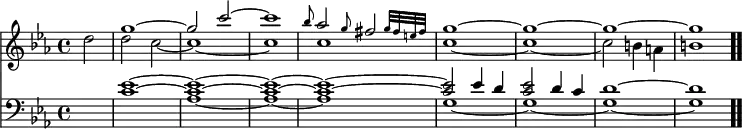 \relative c' { << \time 4/4 \key c \minor \partial 2 << { s2 g''1 ~ g2 c2 ~ c1 \grace bes8 aes2 \grace g8 \afterGrace fis 2 { g32 fis e fis } g1 ~ g ~ g ~ g \bar ".." } \\ { d2 d c ~ c1 ~ c c c ~ c ~ c2 b4 a b1 } >> \new Staff { \time 4/4 \key c \minor \partial 2 \clef bass \relative c { << { s2 <c' ees>1 ~ <c ees> ~ <c ees> ~ <c ees> ~ <c ees>2 ees4 d <c ees>2 d4 c d1 ~ d } \\ { s2 s1 aes ~ aes ~ aes g ~ g ~ g ~ g \bar ".." } >> } } >> }