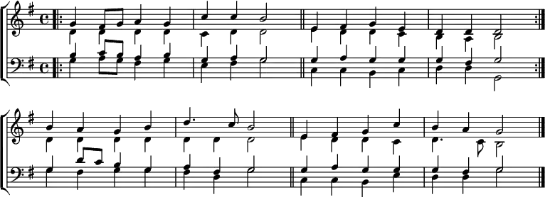 { \new ChoirStaff <<
\new Staff <<
\new Voice \relative c'' { \set Score.tempoHideNote = ##t \override Score.BarNumber #'transparent = ##t \tempo 4 = 96 \voiceOne \clef treble \key g \major \time 4/4
\bar".|:" g4 fis8 g a4 g | c c b2 \bar"||" e,4 fis g e | d d d2 \bar":|." \break
b'4 a g b | d4. c8 b2 \bar"||" e,4 fis g c | b a g2 \bar "|."
}
\new Voice \relative c' { \voiceTwo
d4 d d d | c d d2 | e4 d d c | b a b2 |
d4 d d d | d d d2 | e4 d d c | d4. c8 b2
}
>>
\new Staff <<
\new Voice \relative c' { \clef bass \key g \major \time 4/4 \voiceOne
b4 c8 b a4 b | g a g2 | g4 a g g | g fis g2
g4 d'8 c b4 g | a fis g2 | g4 a g g | g fis g2
}
\new Voice \relative c' { \voiceTwo
g4 a8 g fis4 g | e fis g2 | c,4 c b c | d d g,2
g'4 fis g g | fis d g2 | c,4 c b e | d d g2
}
>> >> }