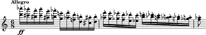 
\new Staff \with {midiInstrument = "flute"} \relative c'' {
  \time 6/8
  \tempo "Allegro"
  <d' ces'>16\staccato\ff <cis bes'>\staccato <bis a'>\staccato 
      <cis bes'>\staccato <ais g'>\staccato <b aes'>\staccato
    <g e'!>\staccato <aes f'>\staccato <f! d'>\staccato
      <d b'!>\staccato <cis ais'>\staccato <d b'>\staccato
  <aes' f'>\staccato <g e'>\staccato <ges ees'>\staccato
      <f d'>\staccato <e des'>\staccato <ees c'>\staccato
    <b' d>\staccato <bes des>\staccato <a c>\staccato
      <aes b>\staccato <g bes>\staccato <ges a>\staccato
  <f aes>8\staccato
}

