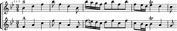 \new ChoirStaff <<
\new Staff \relative b' { \key bes \major \time 3/4 \mark \markup \tiny { ( \italic c ) }
bes4^\markup \bold "S" d f | bes8 f4 d bes8 |
bes'16 a g f g8 bes f bes | f ees16 d ees4\trill d | c8 }
\new Staff \relative f' { \key bes \major
f4^\markup \bold "A" a c | f8 c4 a f8 |
f'16 e d c d8 f c f | c bes16 a bes4\trill a | g8 } >>