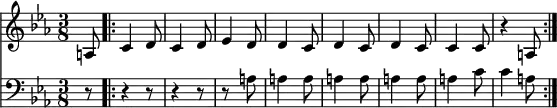 << \new Staff { \time 3/8 \key c \minor \partial 8 \relative a { a8 \repeat volta 2 { c4 d8 | c4 d8 | ees4 d8 | d4 c8 | d4 c8 | d4 c8 | c4 c8 | r4 a8 } } }
\new Staff { \clef bass \key ees \major \partial 8 \relative a { r8 r4 r8 | r4 r8 | r8*2 a8 | a4 a8 | a4 a8 | a4 a8 | a4 c8 | c4 a8 } } >>